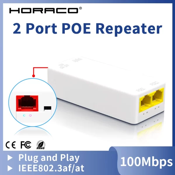 Smartonoff Bulgaria HORACO PoE Усилвател на сигнал с 2 порта 10/100Mbps с IEEE802.3af/at Plug&Play 48V