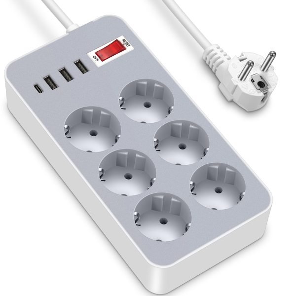 Smartonoff Bulgaria 220V 10A 2200W Захранващ разклонител 1,2 м с 6 EU щепсела 3 USB порта Type-C