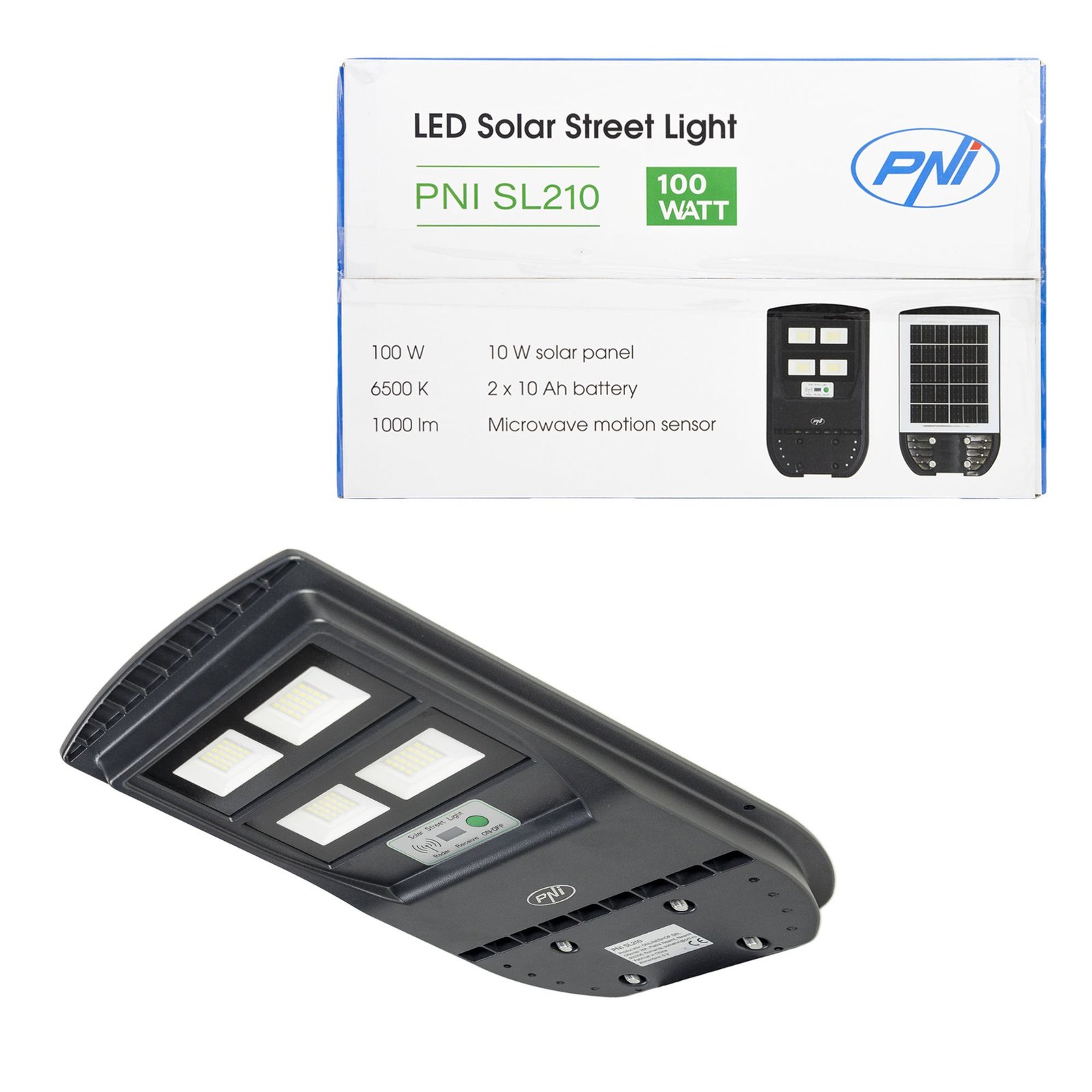 PNI SL210 Лампа за улично осветление 6.5W С вграден соларен панел 10W 6500K 1000lm 2 x вградена батерия 10Ah Микровълнов сензор за движение